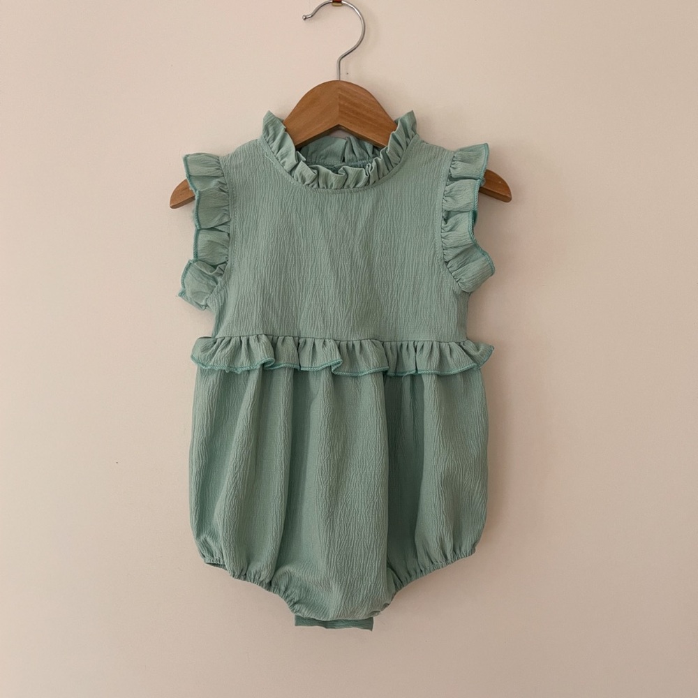 EUC Sage Green Elegant High Neck Ruffle Minimalist Spring Bubble